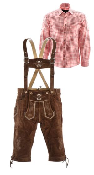Lederhosen set E (goudbruine broek + rood overhemd)
