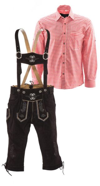 SET IN PELLE A (PANTALONI MARRONE + CAMICIA ROSSA)
