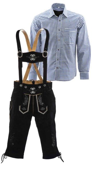 MISTER LEDERHOSEN SET B (PANTALONI NERI + CAMICIA BLU)